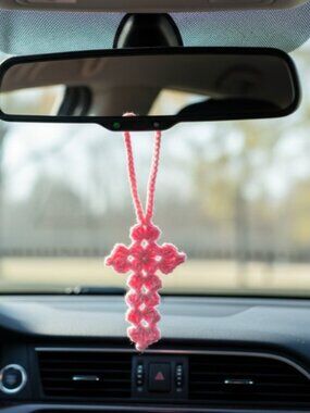 Pink Cross Rear View Mirror Charm, Car Accessories, Crochet Charm, Religious